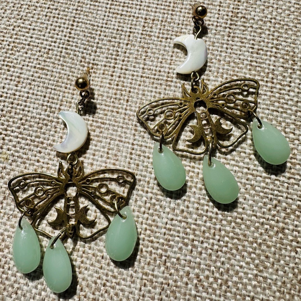 Brass Moth and Moon Drop Earrings